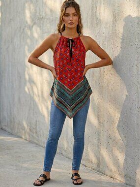 meraki Red Bandana Halter Top with Green Chevron Hem